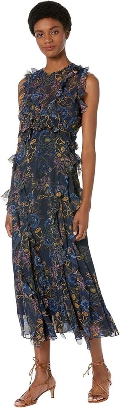 Ted Baker Navy Blue Dark Floral Ruffle Maxi Gown Dress Sz 2 Whimsigoth Sheer